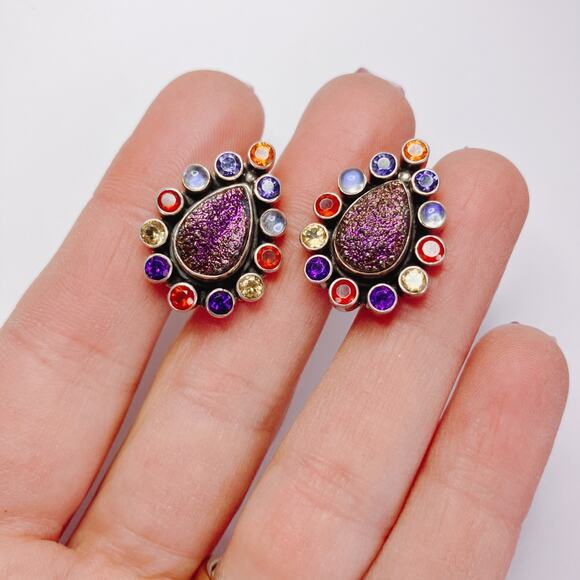 Nicky Butler Sterling Silver Druzy Gemstone Clip On Earrings Purple Boho READ - Picture 5 of 12